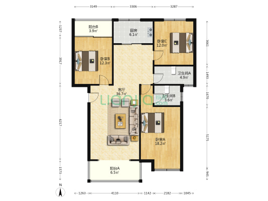 兴隆苑 3室1厅2卫 121平方