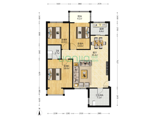 国杰大厦 3室1厅2卫 126平方