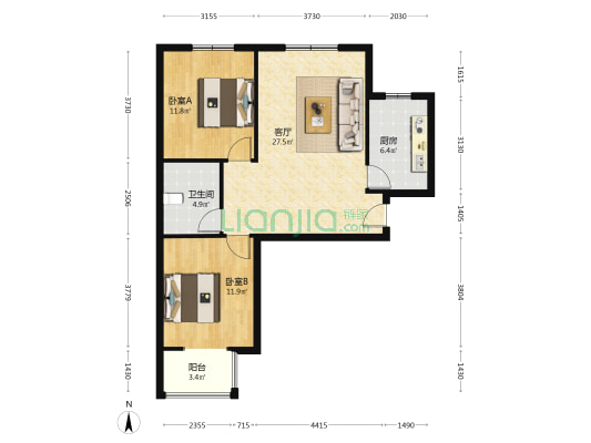 纯南两居，中高楼层采光好，免费停车，生活成本低-户型图