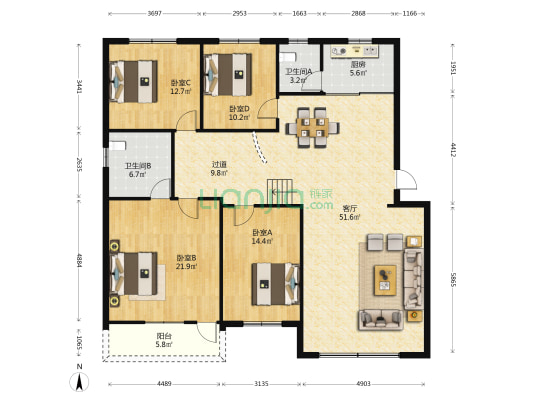 锦和花园 4室1厅2卫 165平方