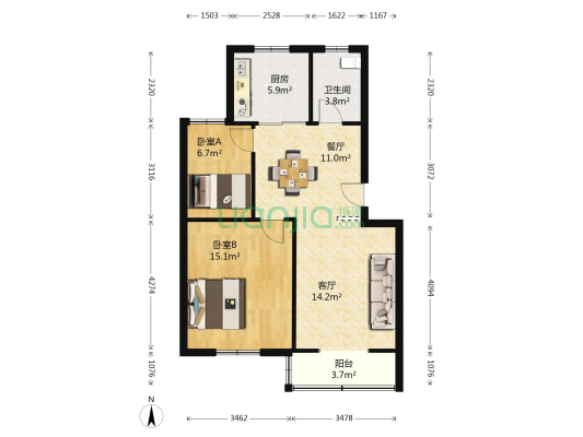 育才西苑 2室2厅1卫 70平方