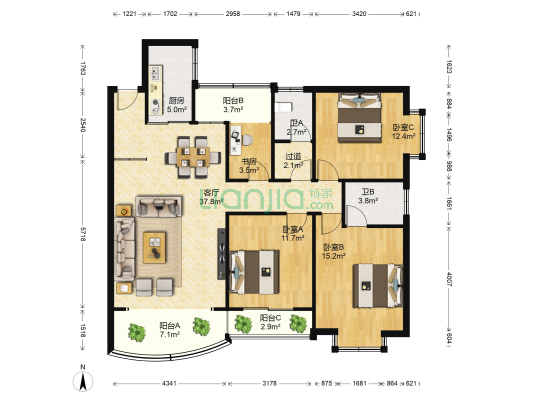 宏华花苑 4室1厅2卫 126平方