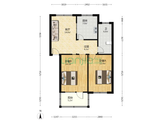 任港路2号 2室1厅1卫 80平方