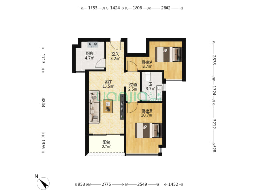 恒大云锦花园 2室1厅1卫 70平方