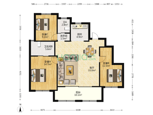 悦隽府 3室1厅3卫 116平方