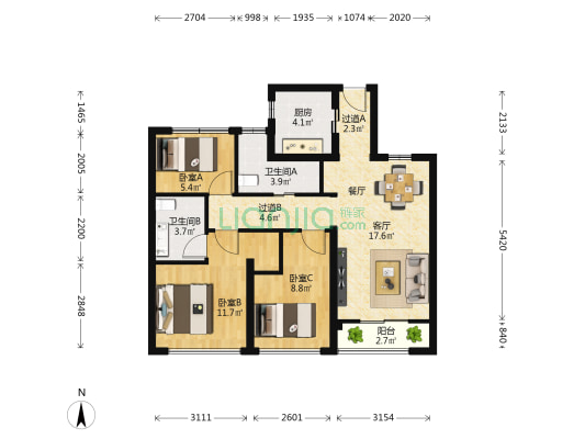 融创东南府 3室1厅2卫 94平方