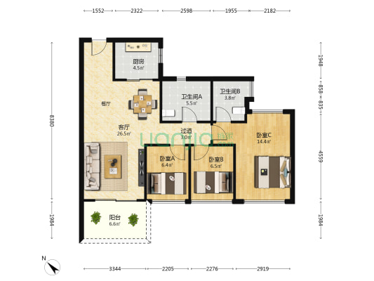 越秀大学星汇城 3室1厅2卫 86平方