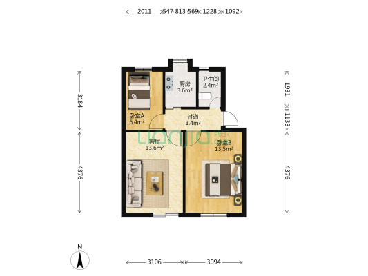 高花花亭南村小区 2室1厅1卫 56平方