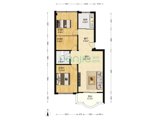 泉舜信海花园 3室2厅1卫 90平方