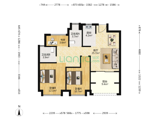 华鸿中央公园1期 3室1厅2卫 93平方