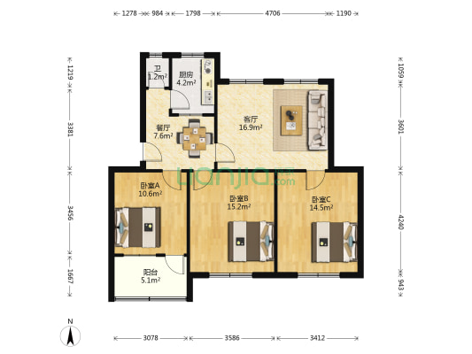 青年路77号 3室2厅1卫 91平方