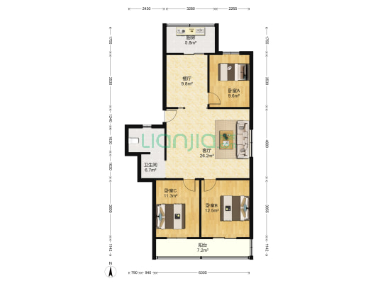 福中居 3室2厅1卫 105平方