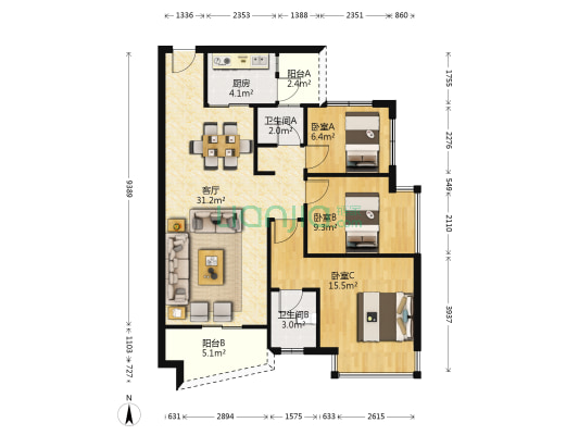 邦民华家园 3室1厅2卫 86平方