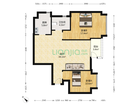 涟岸花园 2室1厅1卫 89平方