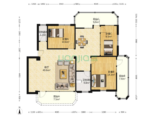 外贸新村 3室1厅2卫 127平方