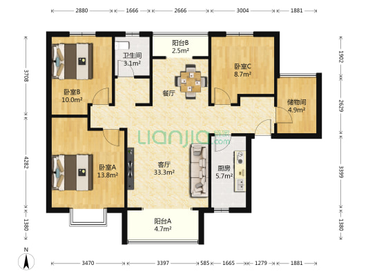 坤元时光城 3室1厅1卫 108平方