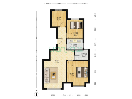 未来城沁雅苑 3室1厅1卫 89平方