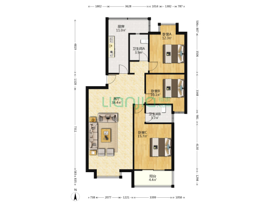湖西庭园 3室1厅2卫 117平方