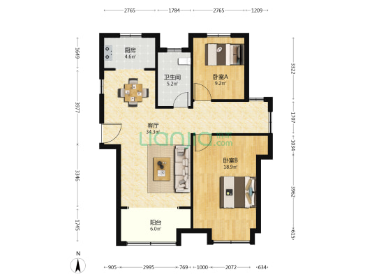 大拇指广场∙剑桥公馆 2室1厅1卫 102平方
