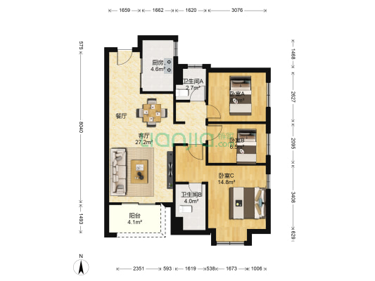 万科珠江东岸一期 3室1厅2卫 86平方