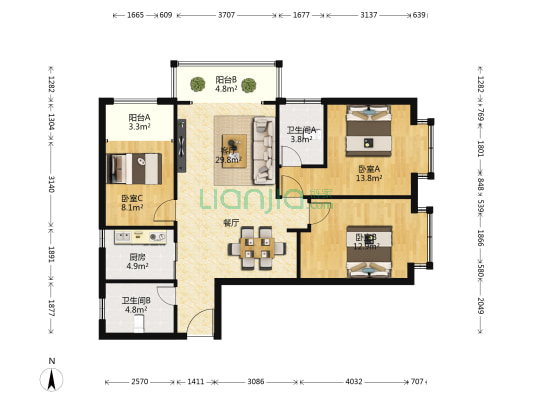 长水航城云粹苑 3室1厅2卫 104平方