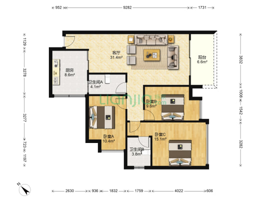 天和家园 3室1厅2卫 114平方