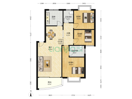 祥泰小区 3室1厅2卫 115平方