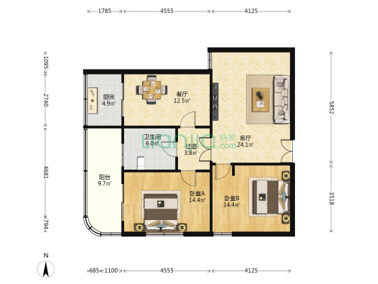 青年东路3号 2室2厅1卫 121平方