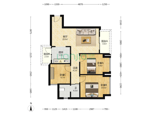 格力两江总部公园3期(怡湖居) 3室1厅1卫 85平方