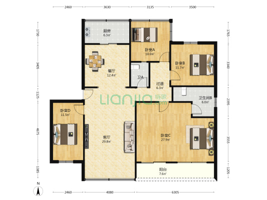 边防宿舍 4室2厅2卫 151平方