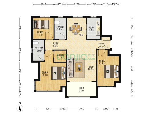 海信·君和 3室1厅2卫 120平方