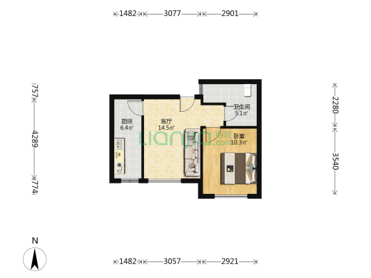 园景家园 1室1厅1卫 53平方