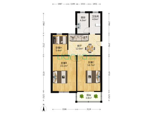 濠北路9号 3室1厅1卫 86平方