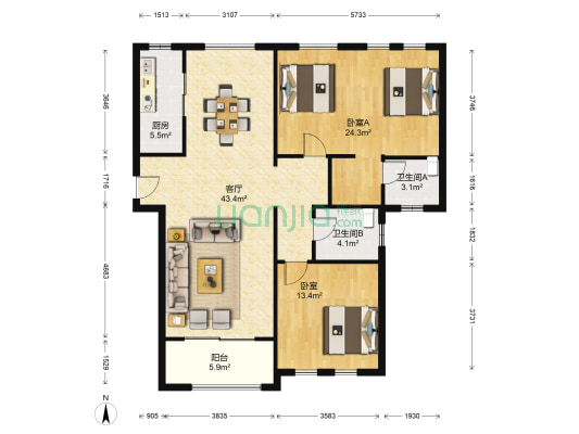 国色天襄B区 2室1厅2卫 132平方