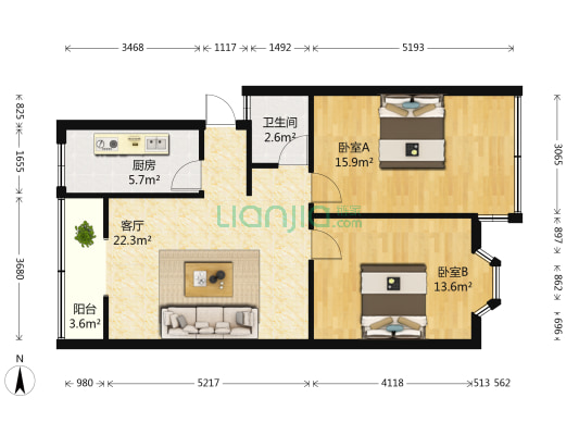 湾里区七彩路富丽花园 2室1厅1卫 71平方