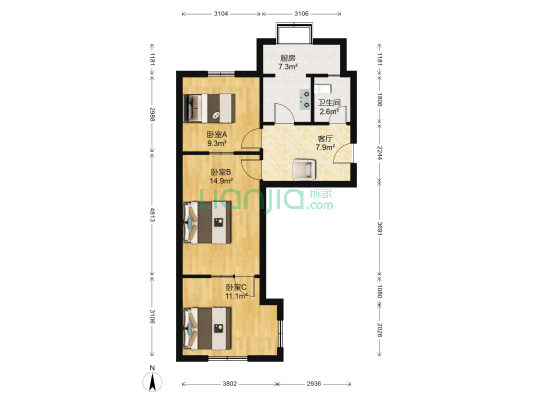 文化宫路24号院 3室1厅1卫 54平方