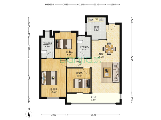 东原印柒雅 3室1厅2卫 111平方