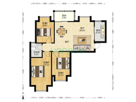 鸿业明园 3室1厅1卫 94平方