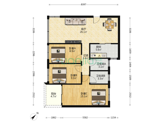 東岳花園 3室1厅2卫 98平方