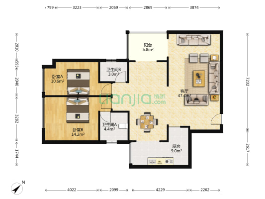 东逸高尔夫花园 2室1厅2卫 105平方