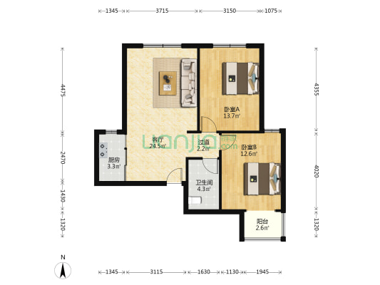 南北通透2居室，干净整洁，房本满二-户型图