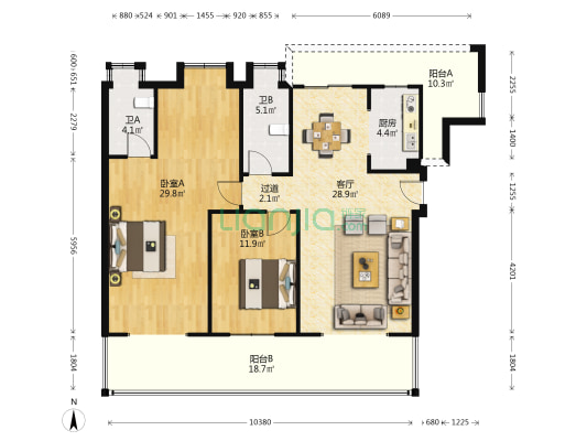 江天农博城 2室1厅2卫 135平方