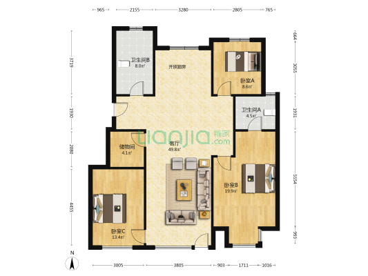 龙湖双珑原著（二期） 3室1厅2卫 128平方
