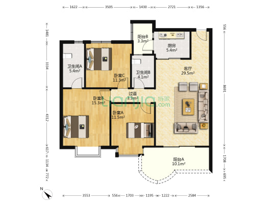 顺丰翠园 3室1厅2卫 118平方