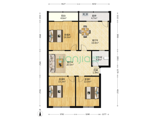 体委沿街楼宿舍 3室2厅1卫 120平方