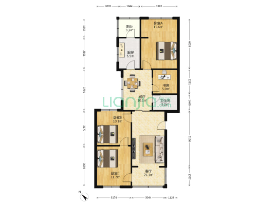 西南民大职工宿舍 4室2厅1卫 76平方