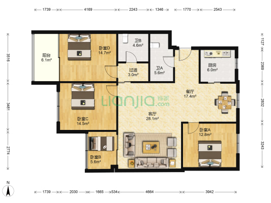 锦绣花园 4室2厅2卫 136平方