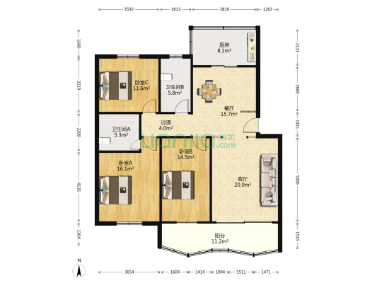 建开花园南区 3室2厅2卫 132平方
