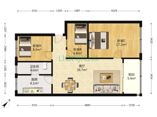 嘉富苑 3室1厅1卫 82平方