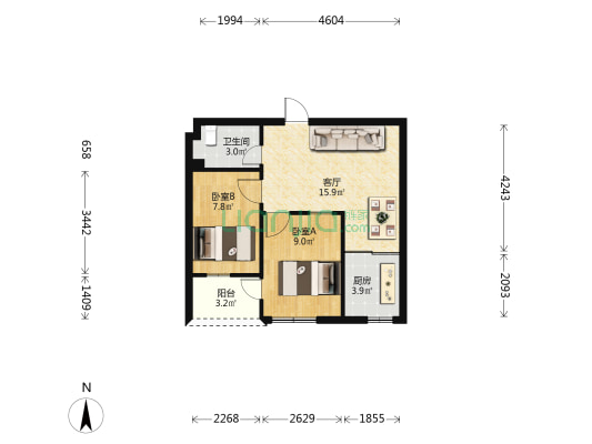 银湘公寓 2室1厅1卫 53平方